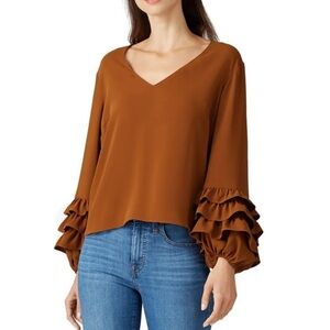 AMANDA UPRICHARD BROWN OVERSIZED RUFFLE  SLEEVE BLOUSE TOP S